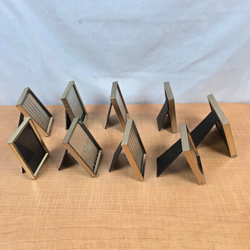 9 miniature photo picture frames with glass gold brass tone 2.5